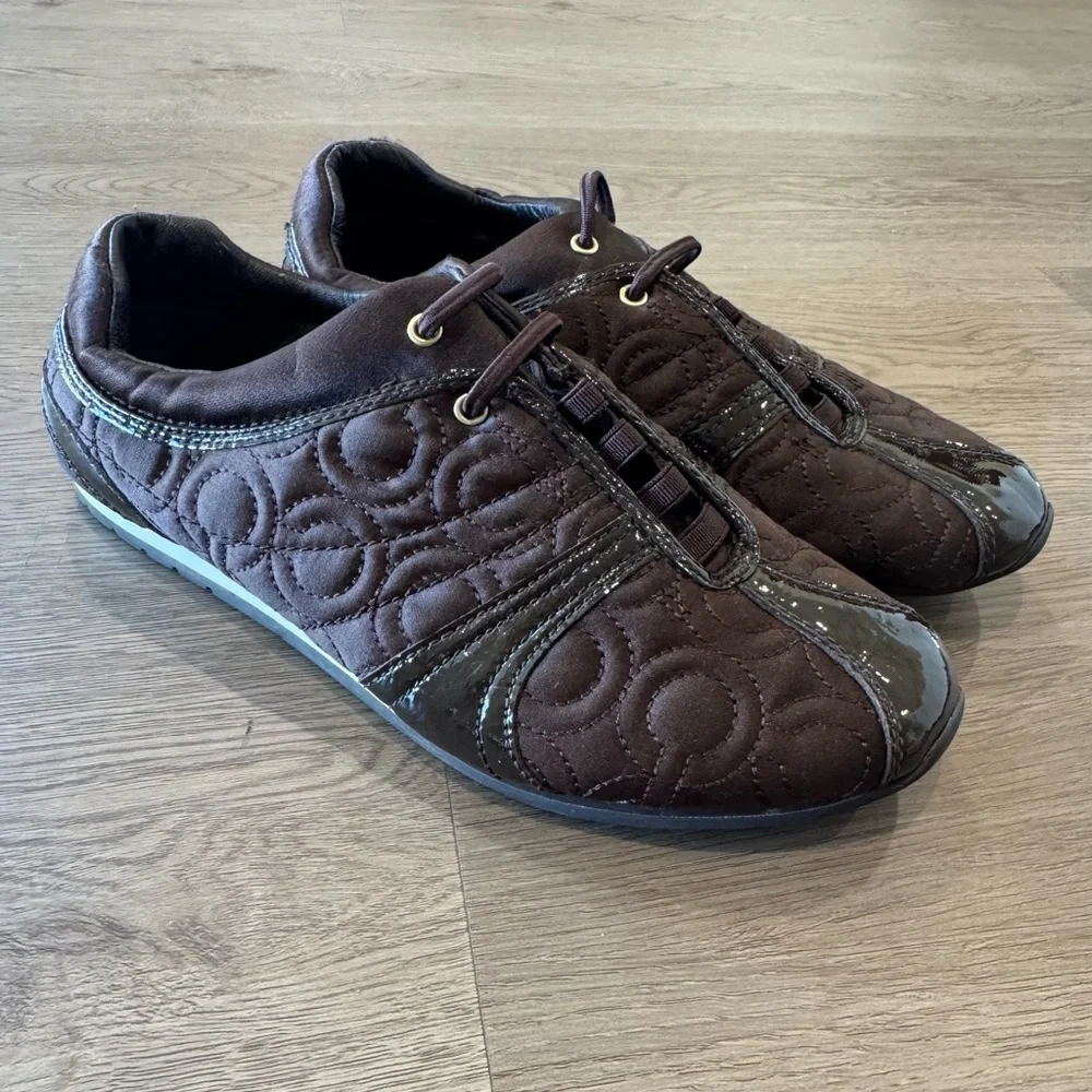Coach Kellee Brown Quilted Satin And Patent Leather Trim Sneakers Women’s Sz 6.5